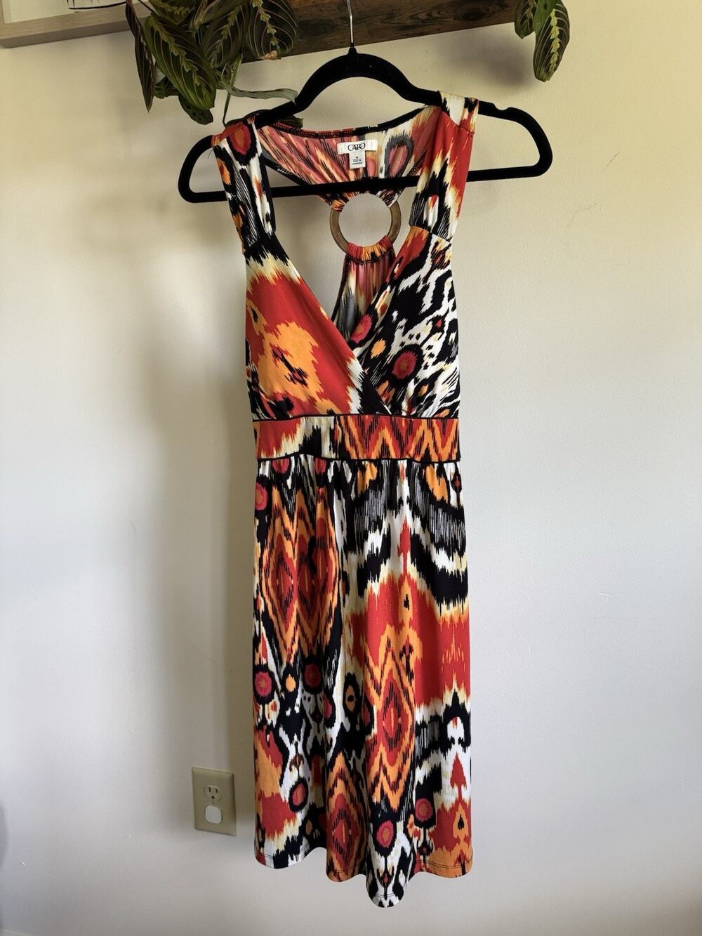 Cato Abstract Ikat Print Halter Dress Orange Yellow Black V-Neck O-Ring Back [M]